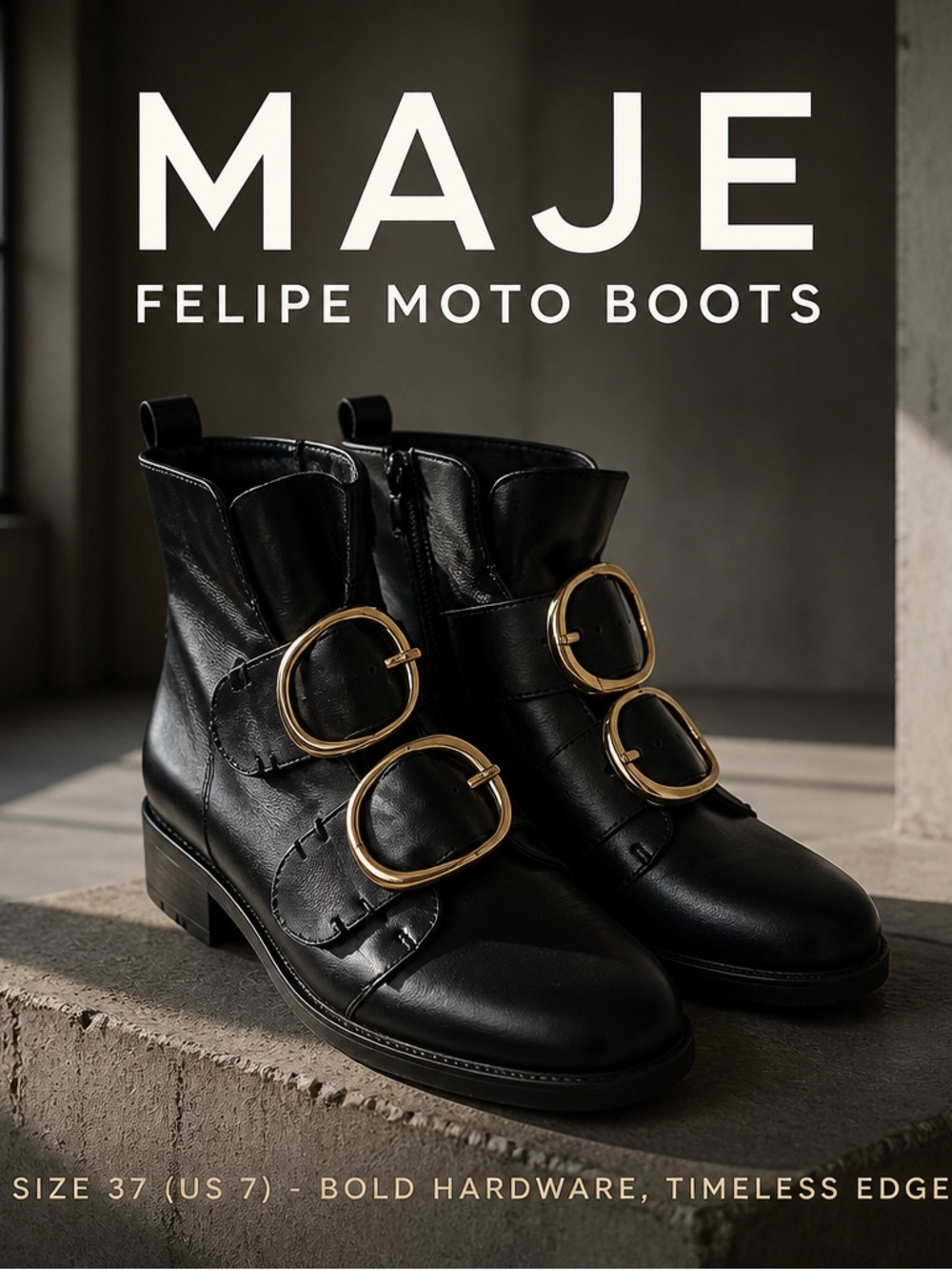 Maje Felipe Moto black with chunky Gold Buckles ankle boots sz 7